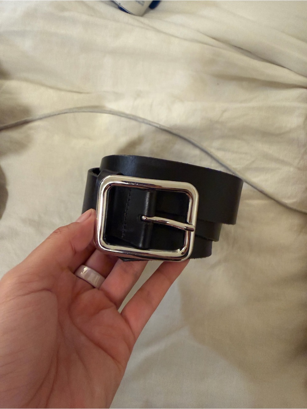 Anthropologie Black Leather Belt with Silver Square Buckle